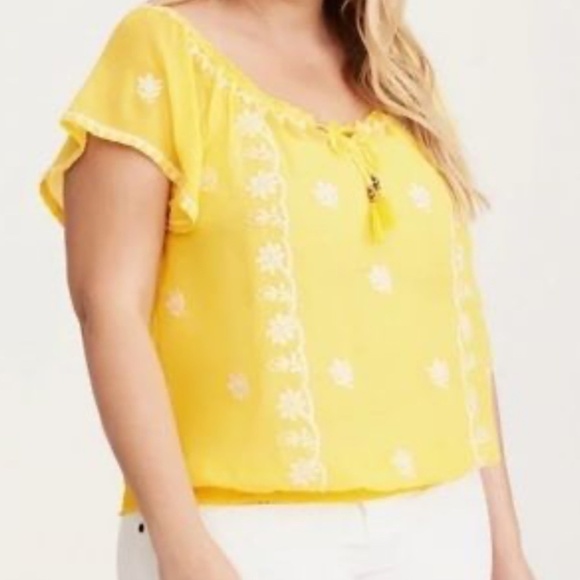 Torrid Top Women 14 Yellow Floral Embroidery Summer Boho Western Retro Feminine - Picture 1 of 16